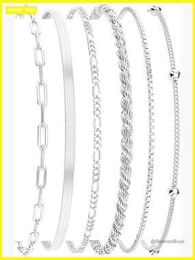Silver Plated Bracelet Set - 6 Pc Paperclip Figaro Rope Chain Bracelets